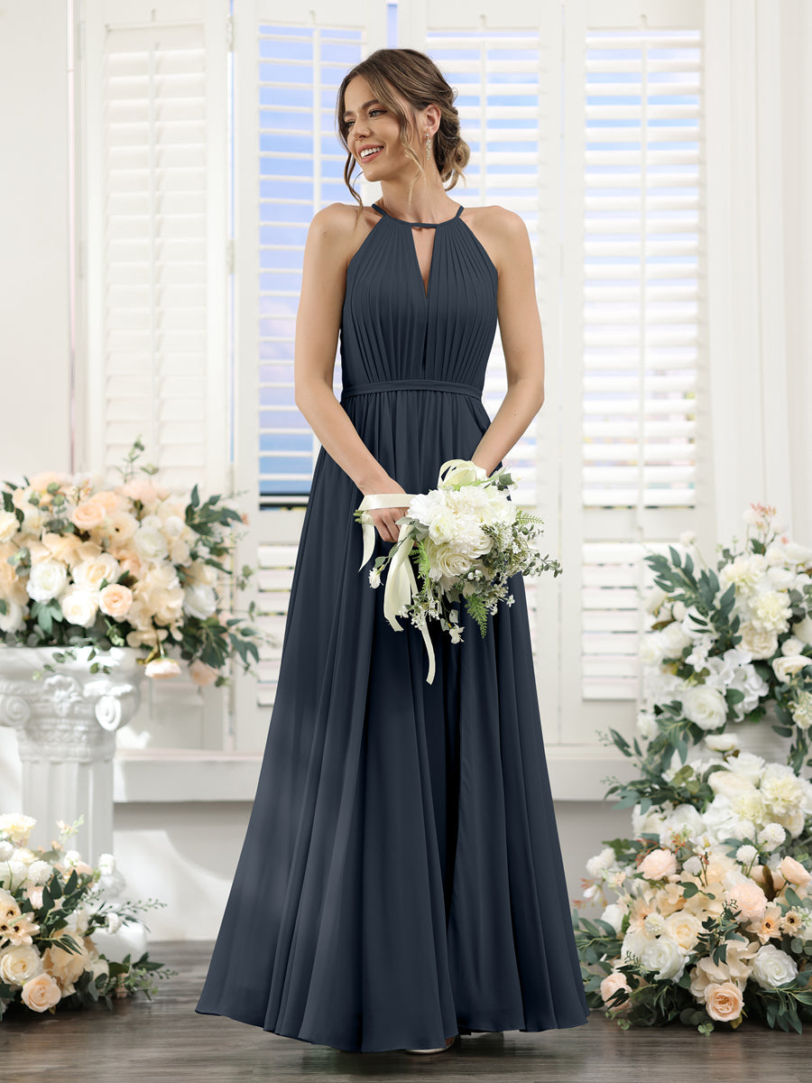 A-Line Halter Sleeveless Split Side Ruched Floor-Length Chiffon Bridesmaid Dresses