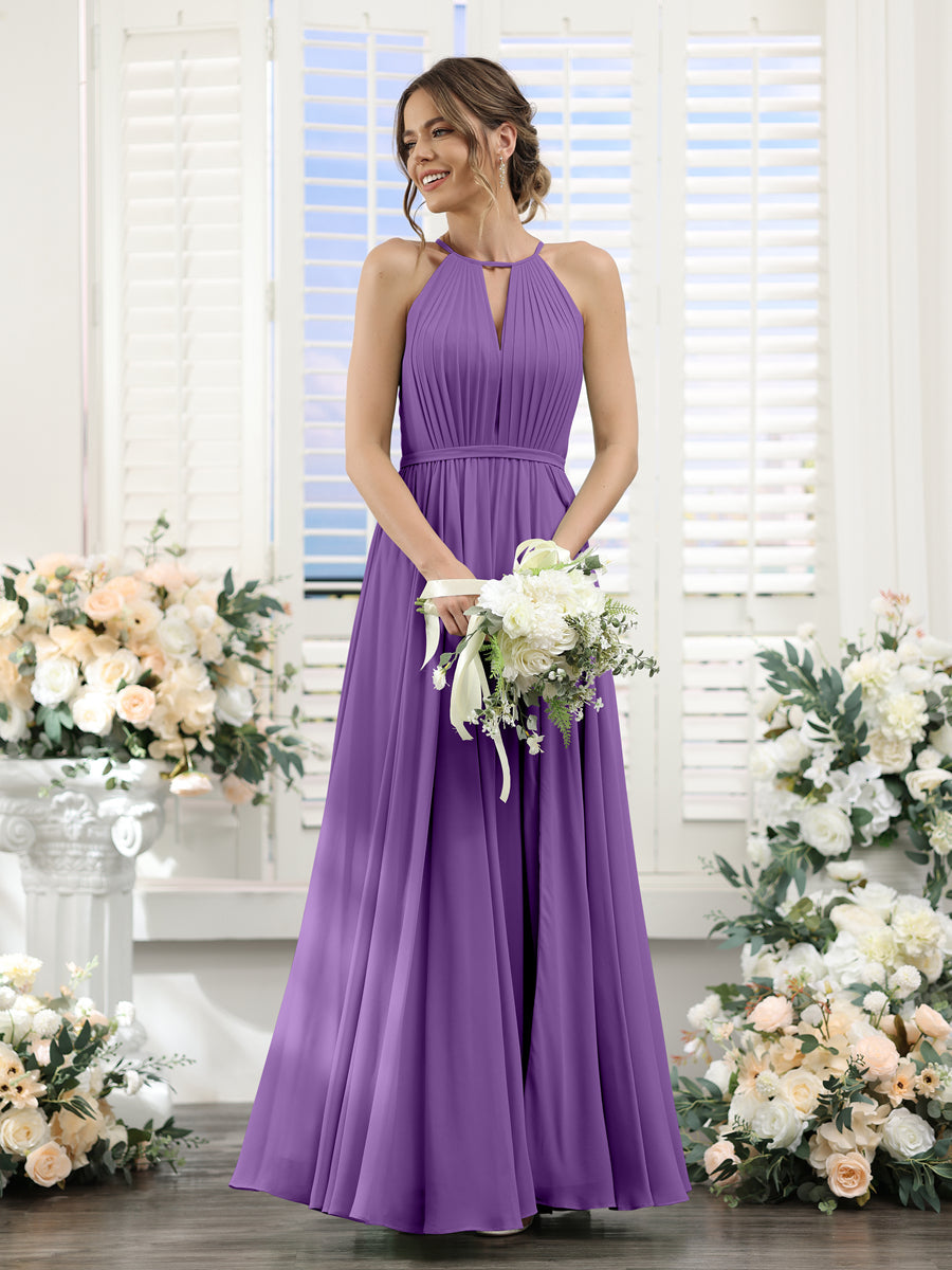 A-Line Halter Sleeveless Split Side Ruched Floor-Length Chiffon Bridesmaid Dresses