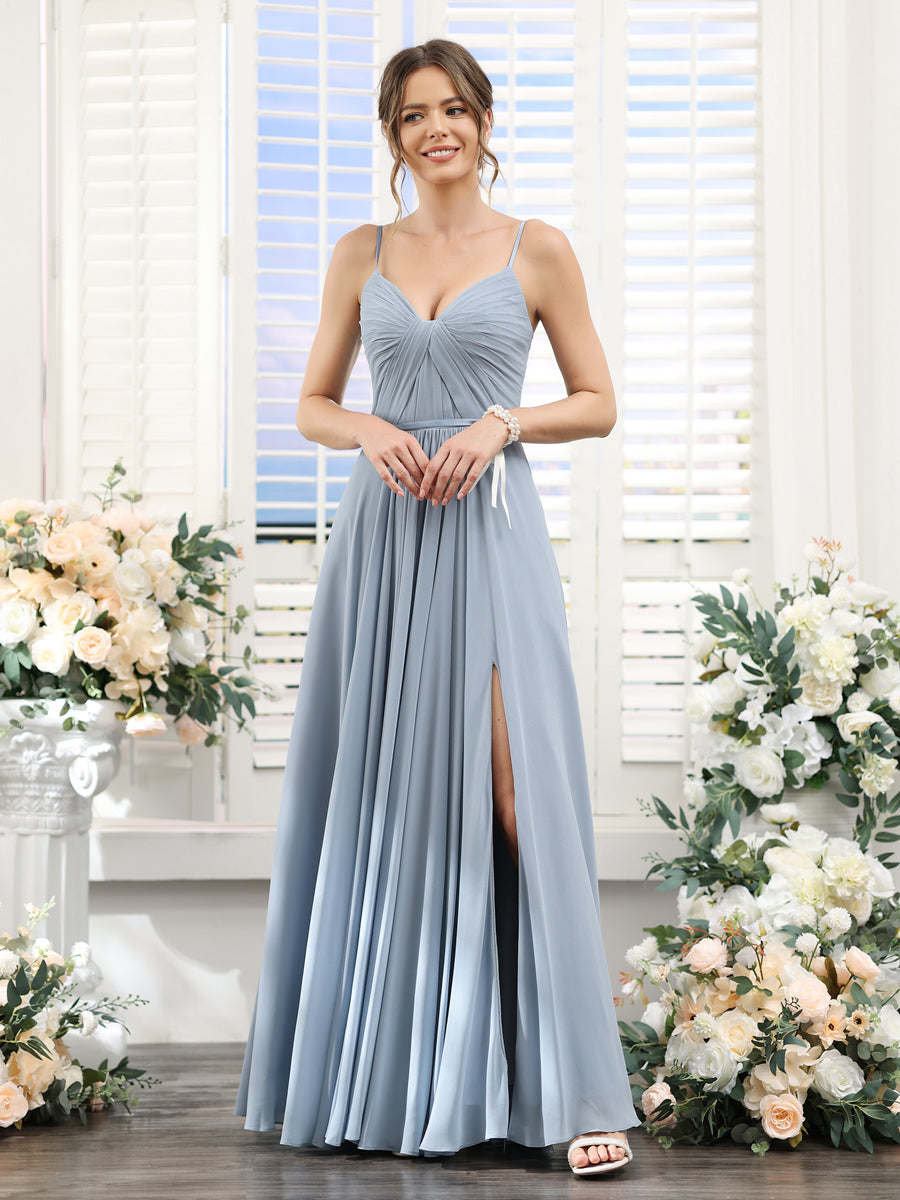 A-Line Ruched V-Neck Spaghetti Straps Split Side Floor-Length Chiffon Bridesmaid Dresses