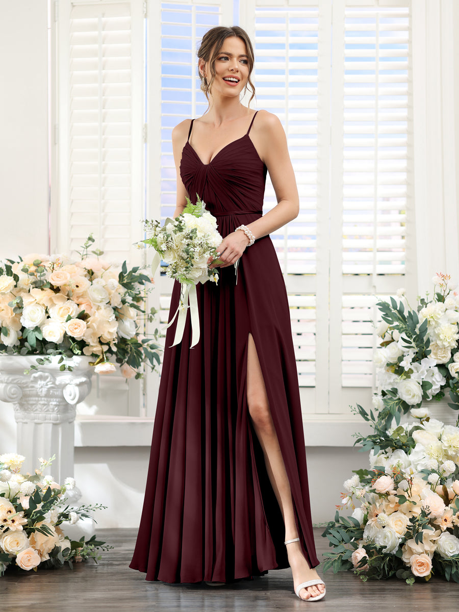 A-Line Ruched V-Neck Spaghetti Straps Split Side Floor-Length Chiffon Bridesmaid Dresses