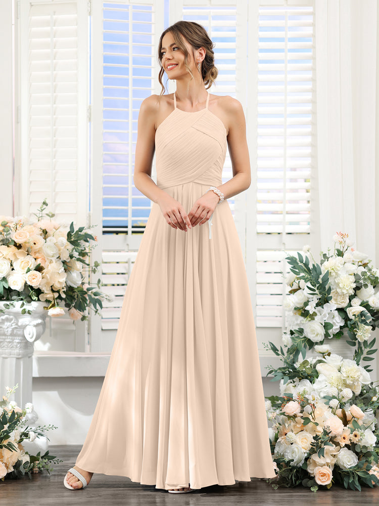 A Line Halter Sleeveless Ruched Floor Length Chiffon Bridesmaid Dresses