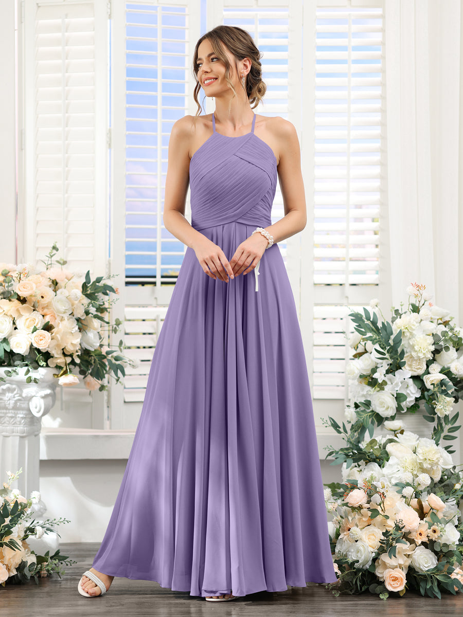 A Line Halter Sleeveless Ruched Floor Length Chiffon Bridesmaid Dresses