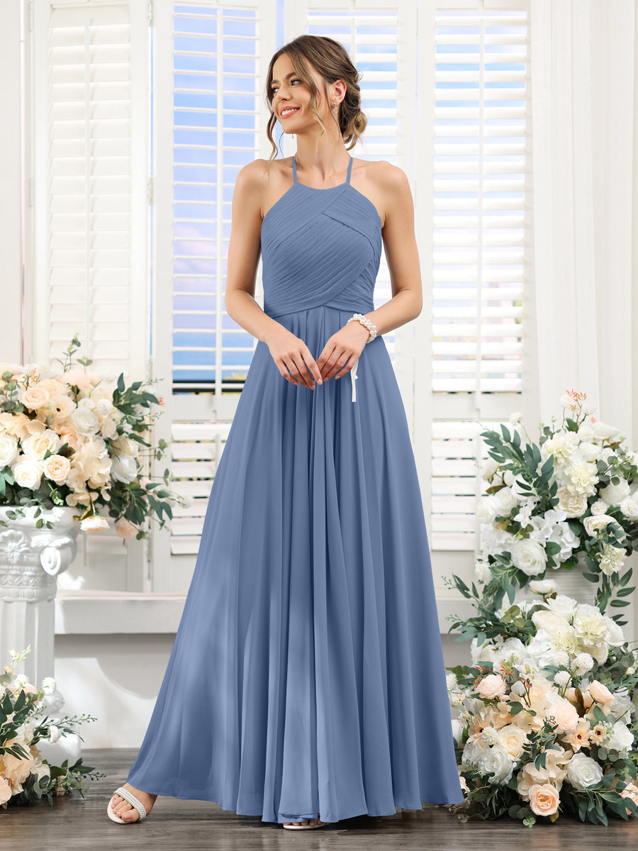 A-Line Halter Sleeveless Ruched Floor-Length Chiffon Bridesmaid Dresses