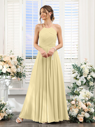 A-Line Halter Sleeveless Ruched Floor-Length Chiffon Bridesmaid Dresses