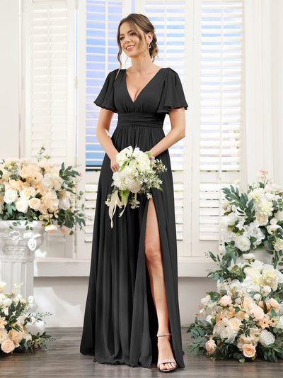 A-Line V-Neck Short Sleeves Split Side Floor-Length Chiffon Bridesmaid Dresses