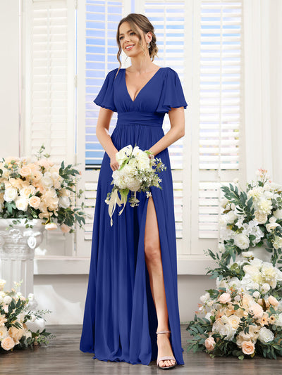 A-Line V-Neck Short Sleeves Split Side Floor-Length Chiffon Bridesmaid Dresses