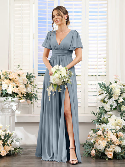 A-Line V-Neck Short Sleeves Split Side Floor-Length Chiffon Bridesmaid Dresses