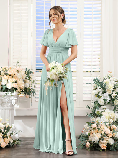 A-Line V-Neck Short Sleeves Split Side Floor-Length Chiffon Bridesmaid Dresses