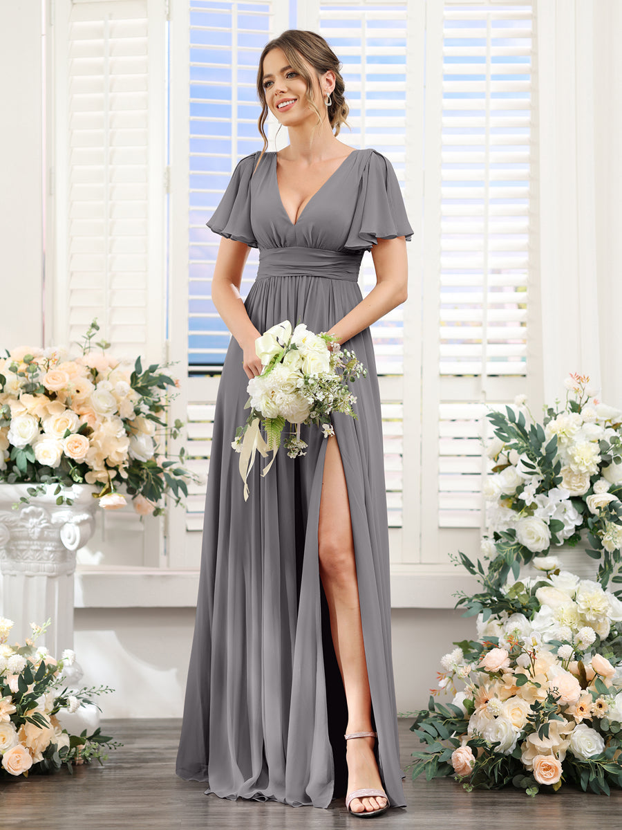 A-Line V-Neck Short Sleeves Split Side Floor-Length Chiffon Bridesmaid Dresses