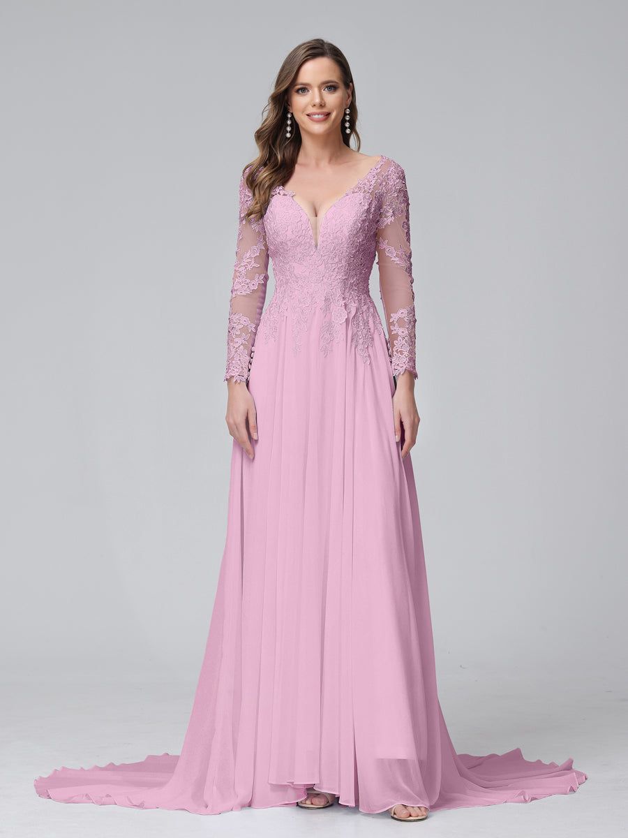 A-Line V-Neck Long Sleeves Long Chiffon Wedding Dresses with Lace Applique