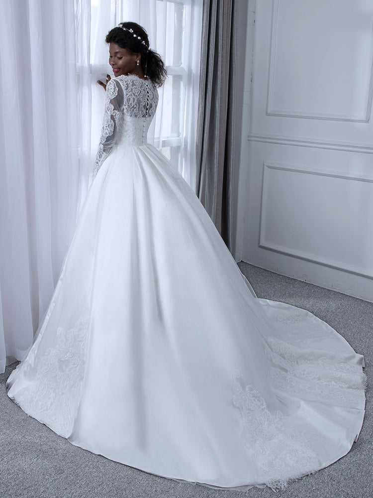 V Neck Long Sleeves Lace Ball Gown Wedding Dresses with Appliques