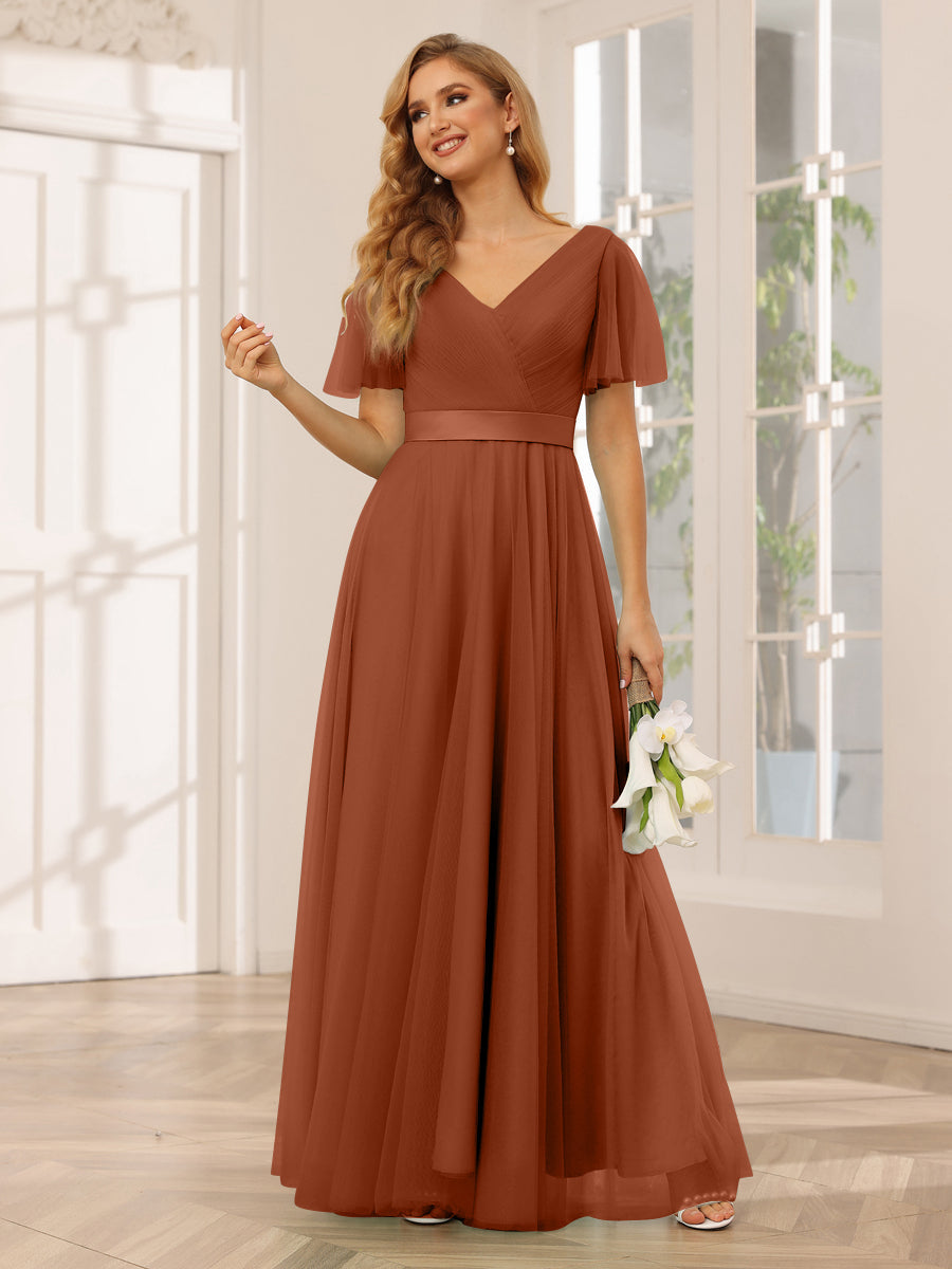 A-Line/Princess Tulle Long Bridesmaid Dresses with Sleeves