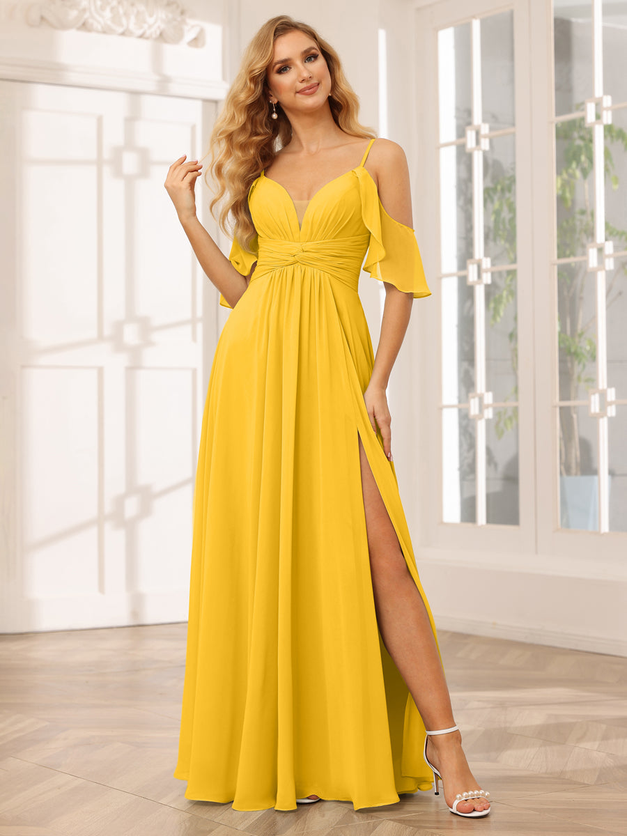 A-Line/Princess Spaghetti Straps V-Neck Long Bridesmaid Dresses with Split Side