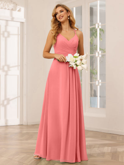 A-Line/Princess V-Neck Long Bridesmaid Dresses with Ruched