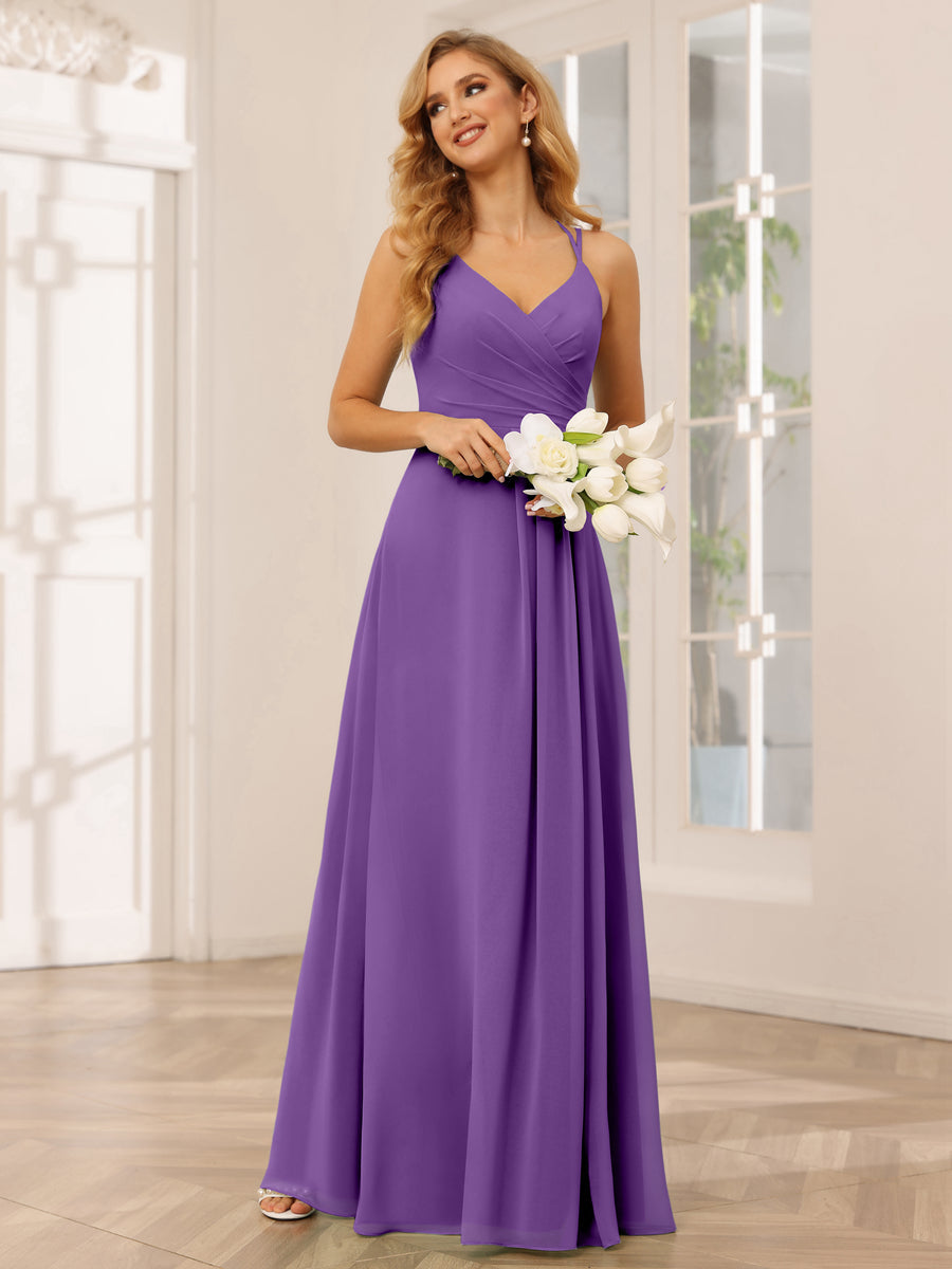 A-Line/Princess V-Neck Long Bridesmaid Dresses with Ruched