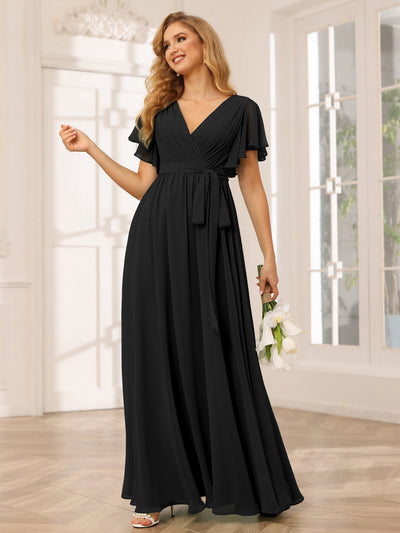 A-Line/Princess V-Neck Short Sleeves Long Bridesmaid Dresses with Sash