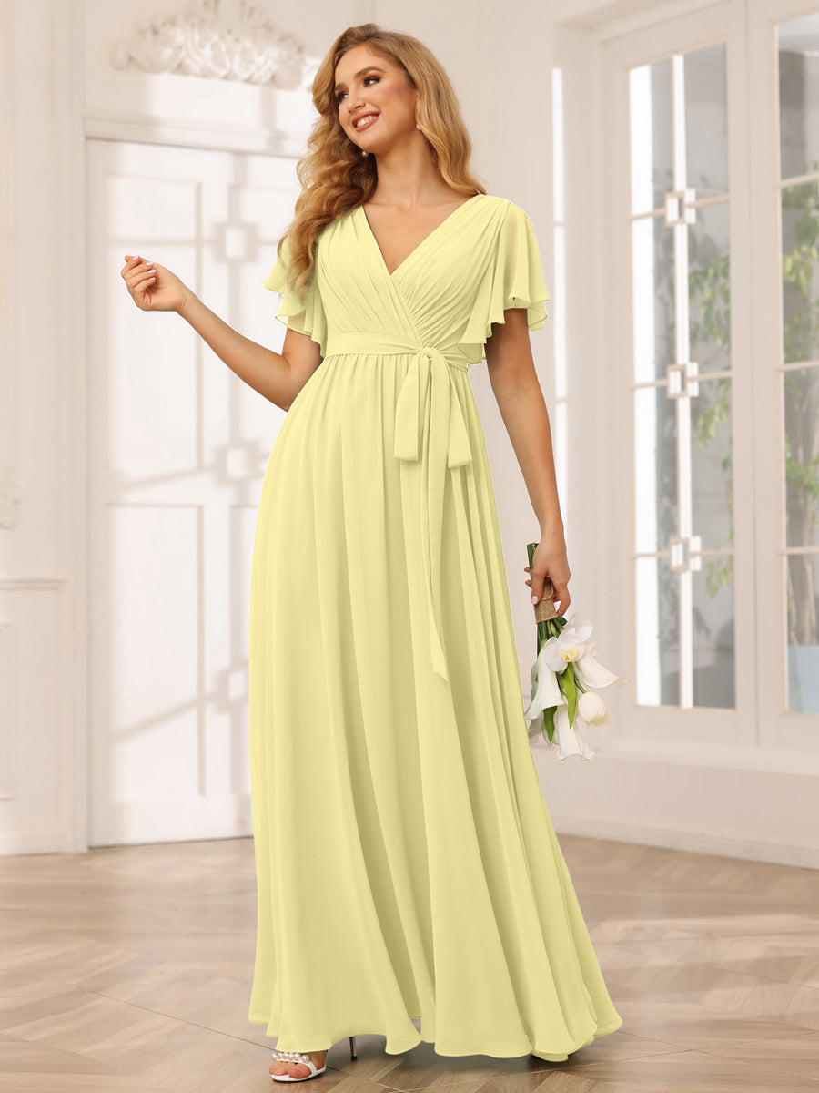 A-Line/Princess V-Neck Short Sleeves Long Bridesmaid Dresses with Sash