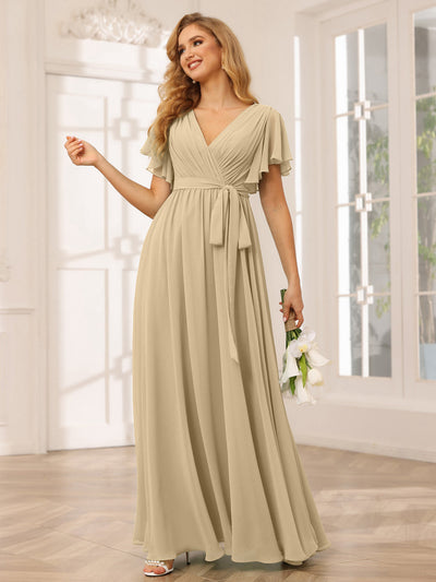 A-Line/Princess V-Neck Short Sleeves Long Bridesmaid Dresses with Sash