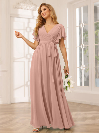 A-Line/Princess V-Neck Short Sleeves Long Bridesmaid Dresses with Sash