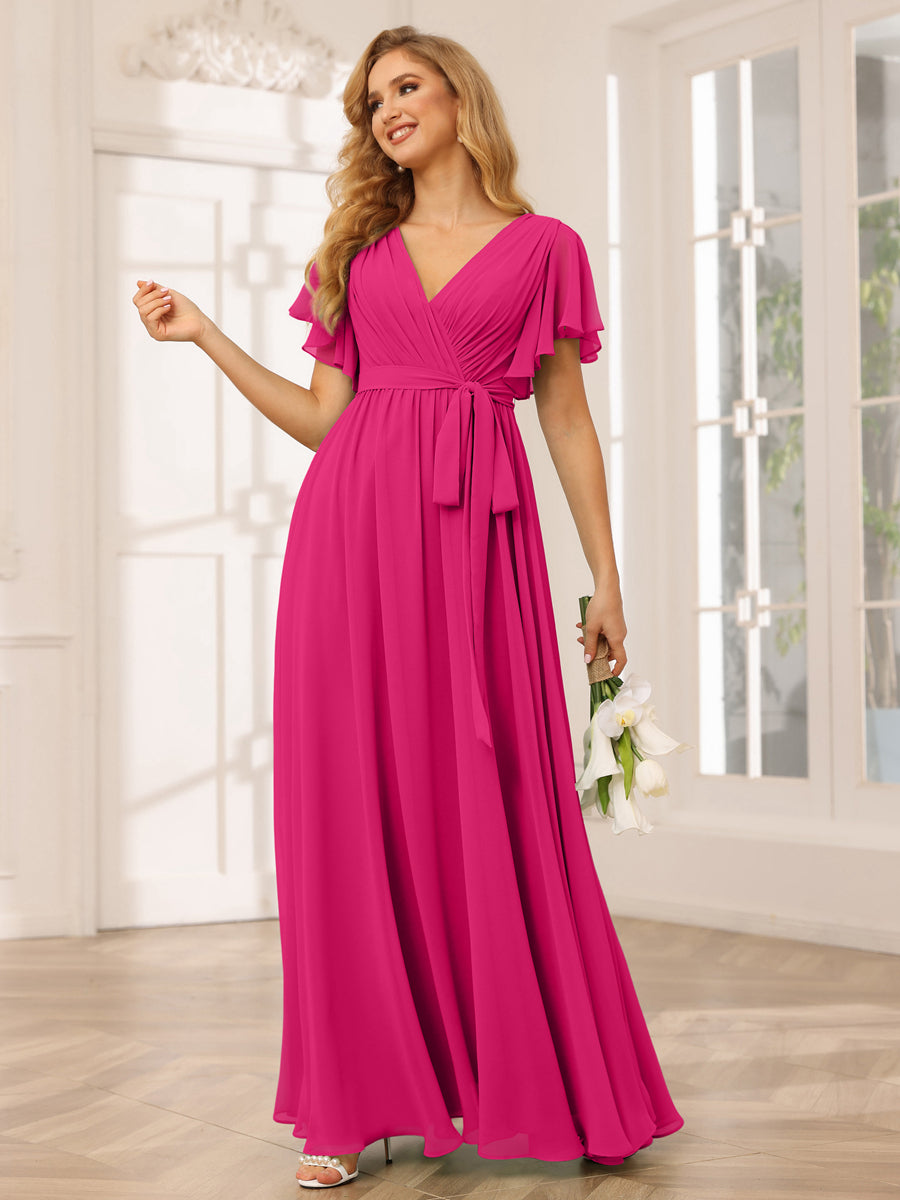 A-Line/Princess V-Neck Short Sleeves Long Bridesmaid Dresses with Sash