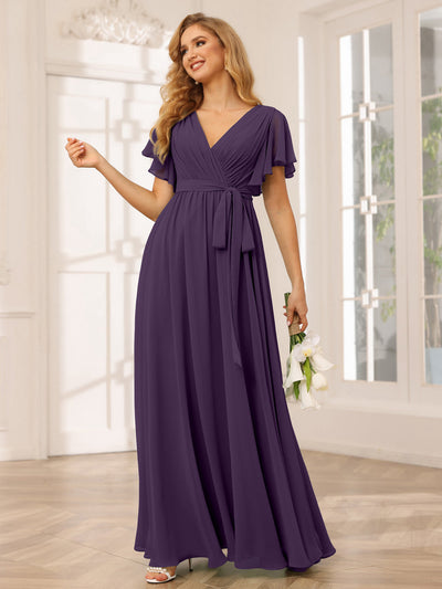 A-Line/Princess V-Neck Short Sleeves Long Bridesmaid Dresses with Sash