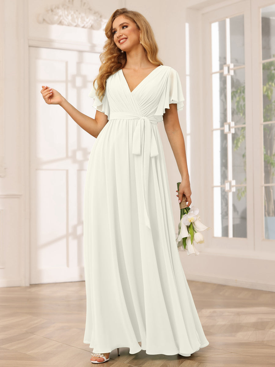 A-Line/Princess V-Neck Short Sleeves Long Bridesmaid Dresses with Sash