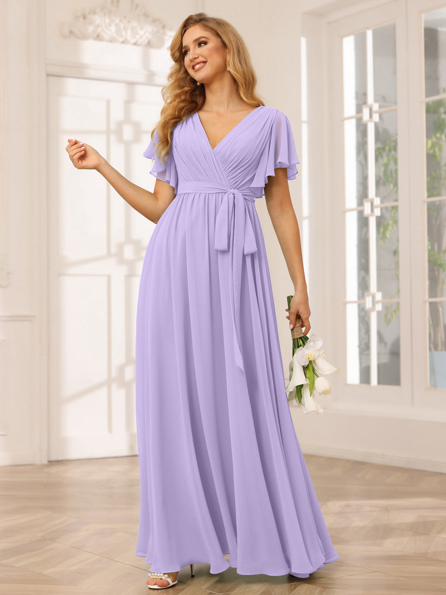 A-Line/Princess V-Neck Short Sleeves Long Bridesmaid Dresses with Sash