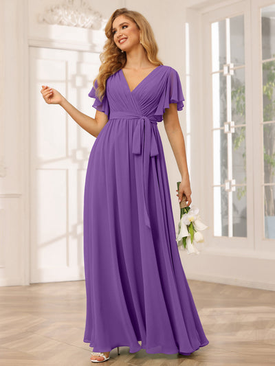 A-Line/Princess V-Neck Short Sleeves Long Bridesmaid Dresses with Sash