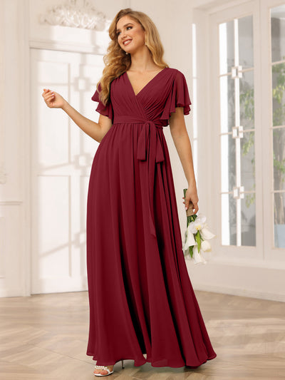 A-Line/Princess V-Neck Short Sleeves Long Bridesmaid Dresses with Sash