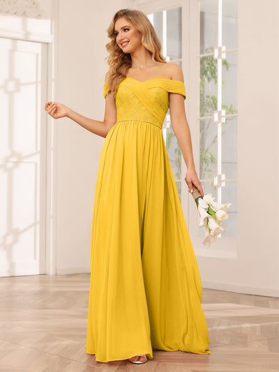 A-Line/Princess Off-the-Shoulder Long Bridesmaid Dresses with Applique