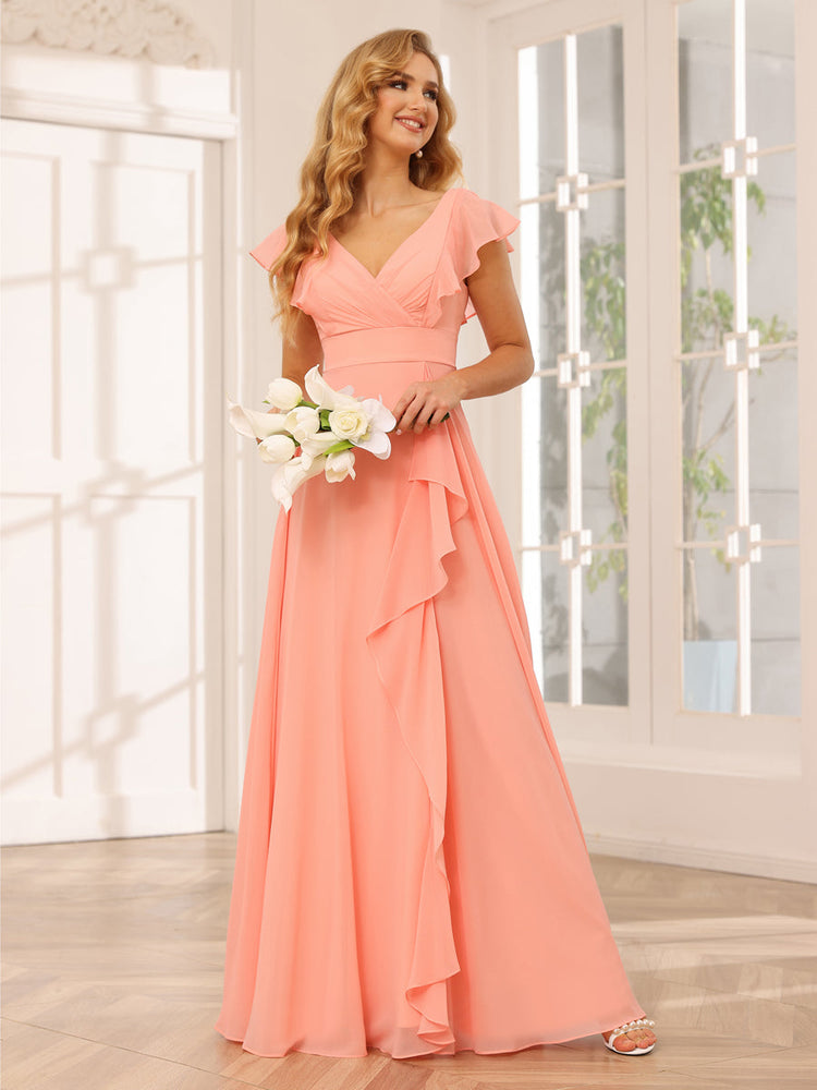 A Line Princess V Neck Long Bridesmaid Dresses with Ruffles Lavetir UK