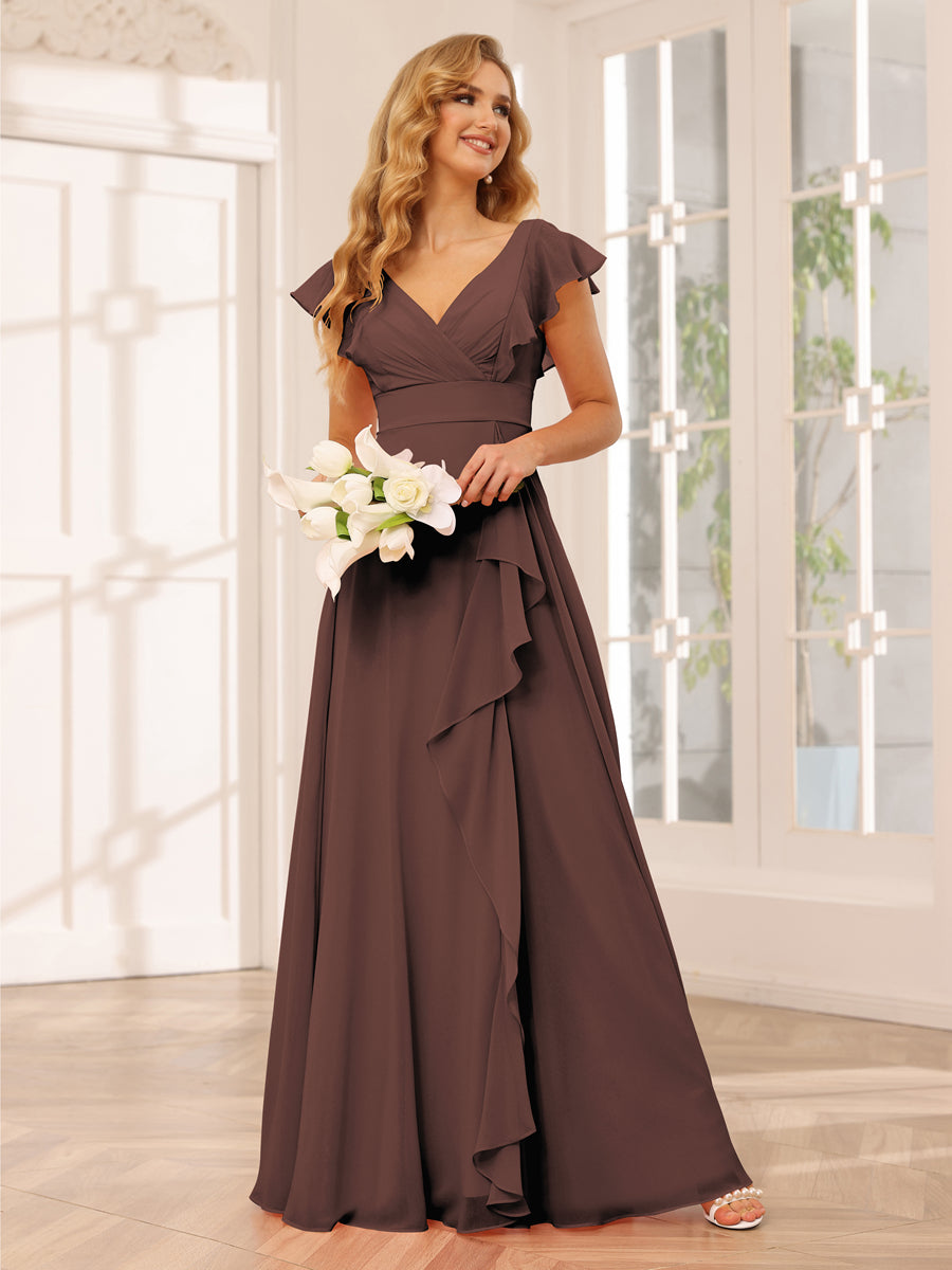 A-Line/Princess V-Neck Long Bridesmaid Dresses with Ruffles