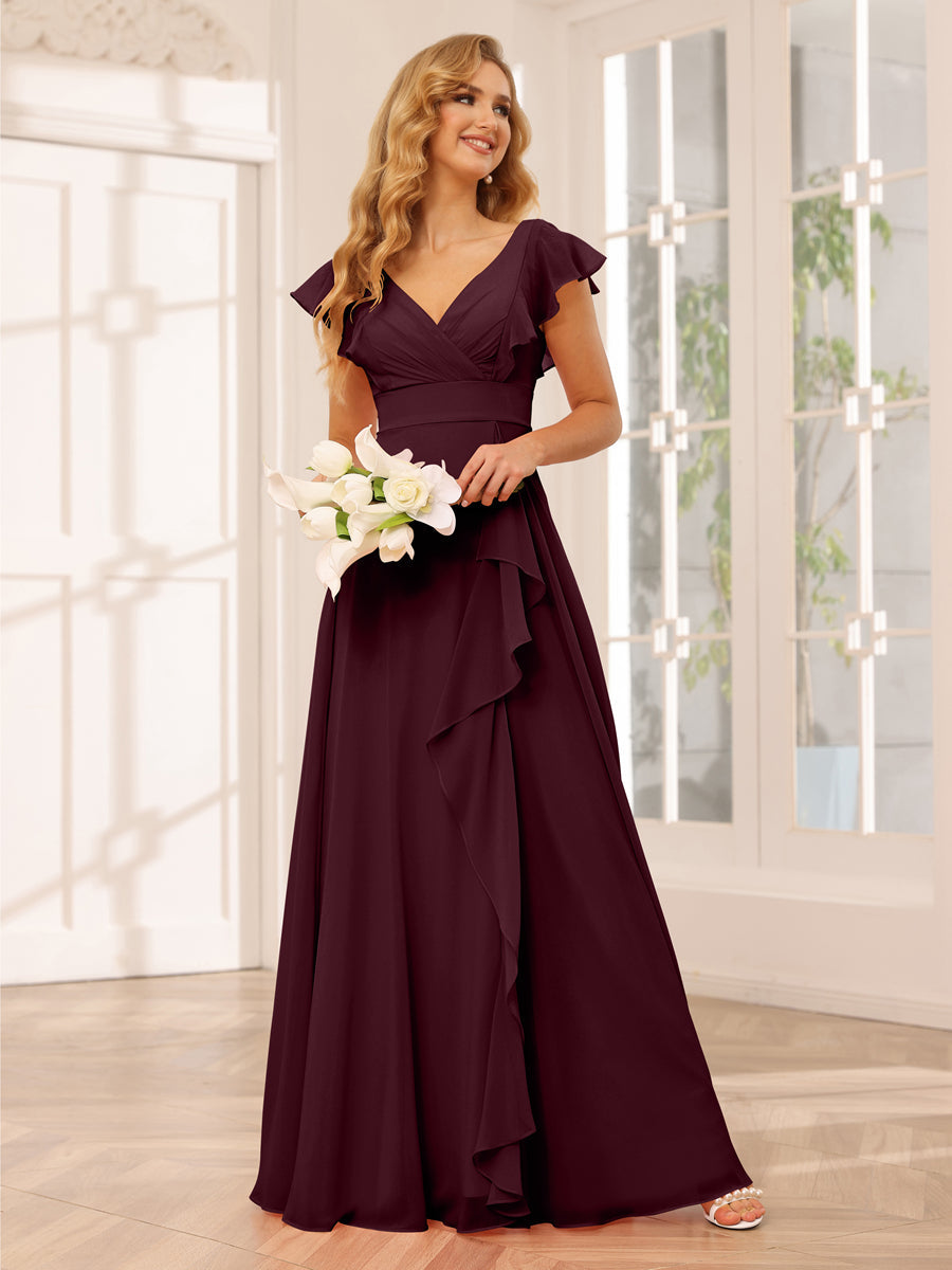 A-Line/Princess V-Neck Long Bridesmaid Dresses with Ruffles