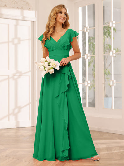 A-Line/Princess V-Neck Long Bridesmaid Dresses with Ruffles