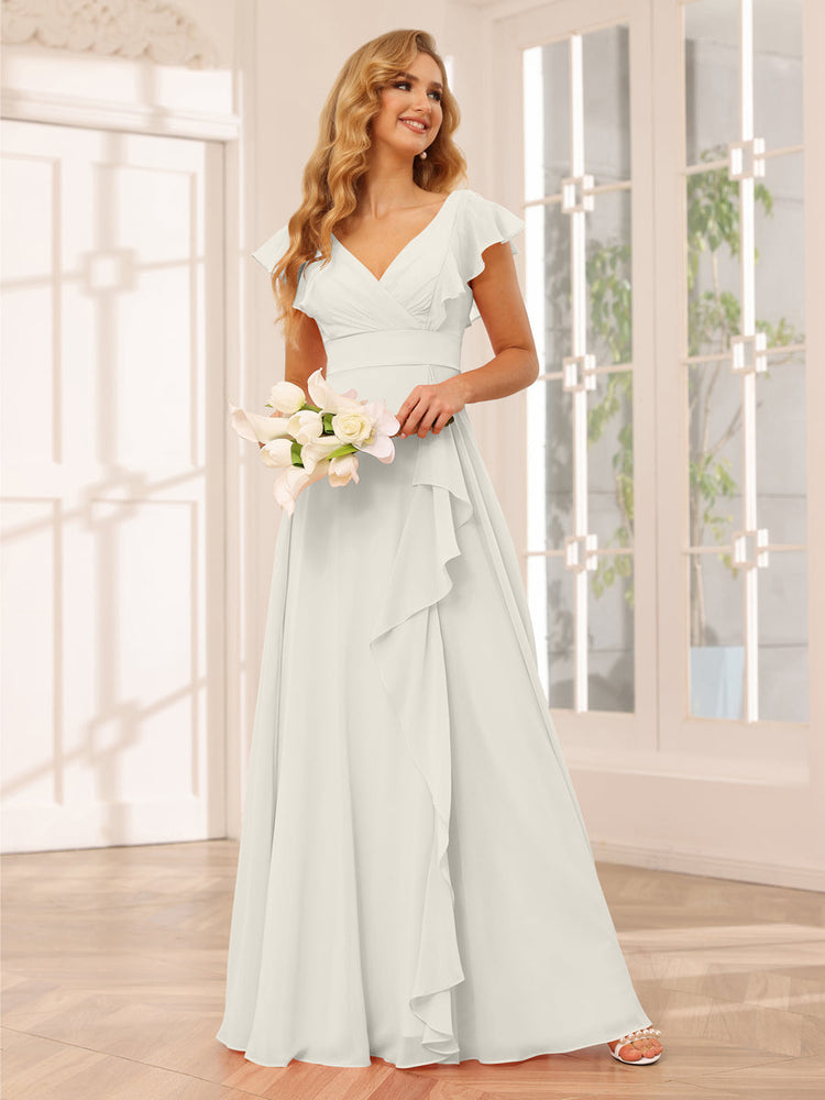 A Line Princess V Neck Long Bridesmaid Dresses with Ruffles