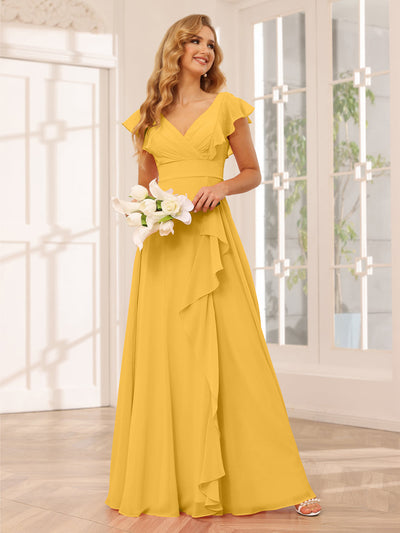 A-Line/Princess V-Neck Long Bridesmaid Dresses with Ruffles