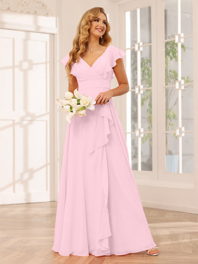 A-Line/Princess V-Neck Long Bridesmaid Dresses with Ruffles