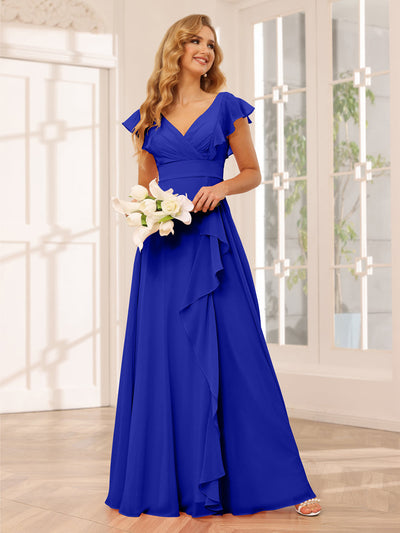 A-Line/Princess V-Neck Long Bridesmaid Dresses with Ruffles