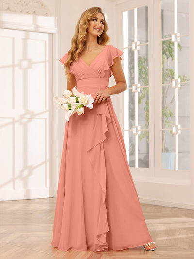 A-Line/Princess V-Neck Long Bridesmaid Dresses with Ruffles