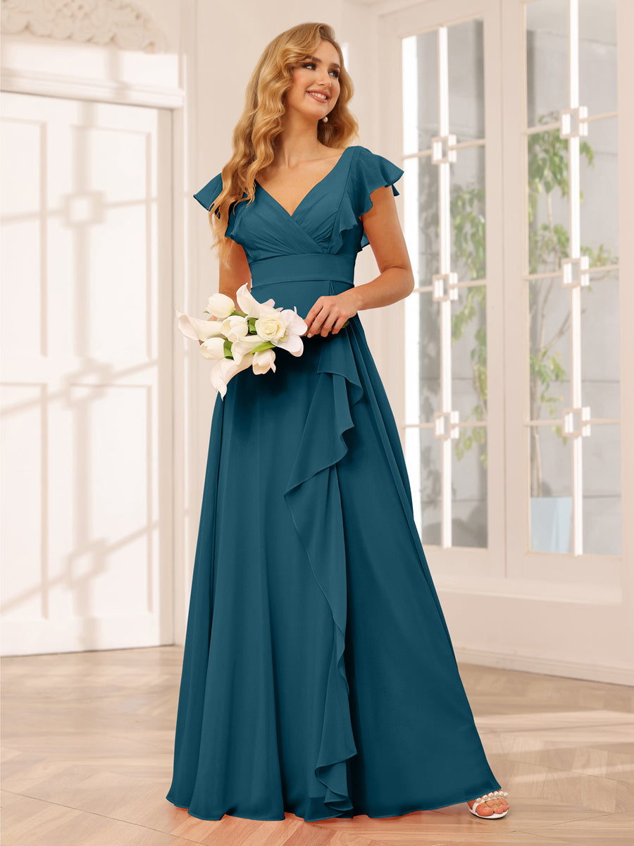 A-Line/Princess V-Neck Long Bridesmaid Dresses with Ruffles