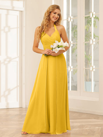 A-Line/Princess Halter Long Bridesmaid Dresses with Split Side