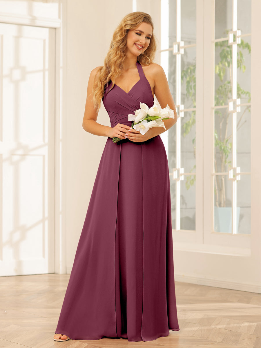 A-Line/Princess Halter Long Bridesmaid Dresses with Split Side