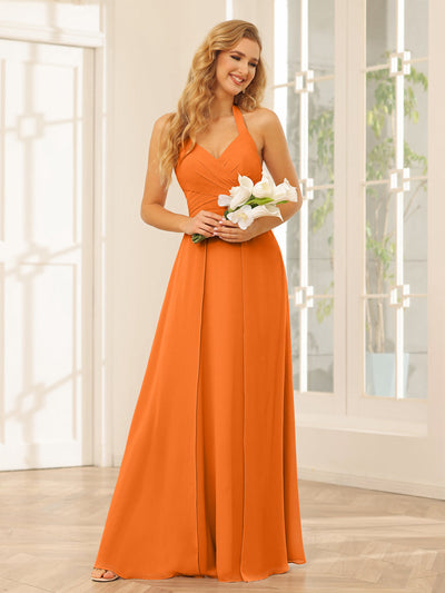 A-Line/Princess Halter Long Bridesmaid Dresses with Split Side