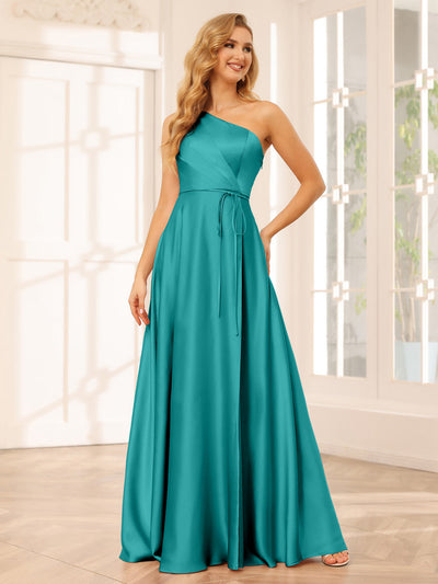 A-Line/Princess One-Shoulder Long Bridesmaid Dresses with Split Side & Sash