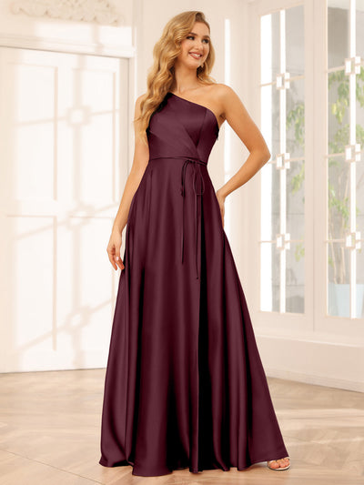 A-Line/Princess One-Shoulder Long Bridesmaid Dresses with Split Side & Sash