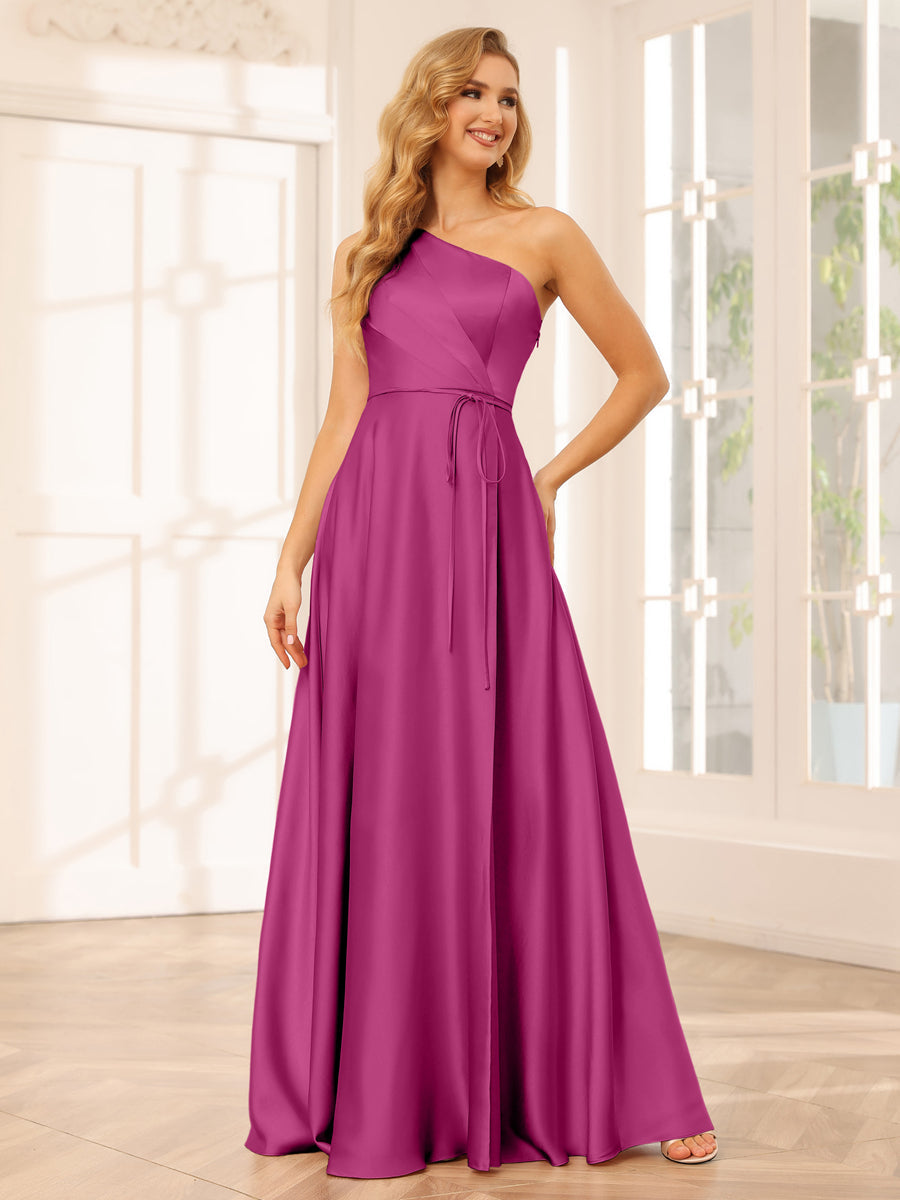 A-Line/Princess One-Shoulder Long Bridesmaid Dresses with Split Side & Sash