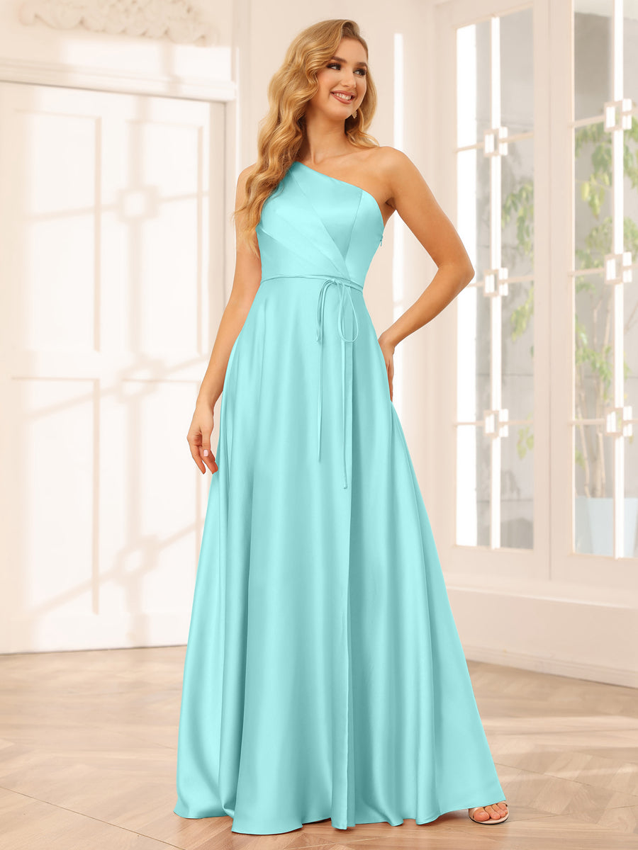 A Line Princess One Shoulder Long Bridesmaid Dresses with Split Side Lavetir UK