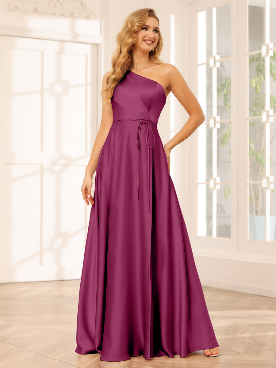 A-Line/Princess One-Shoulder Long Bridesmaid Dresses with Split Side & Sash