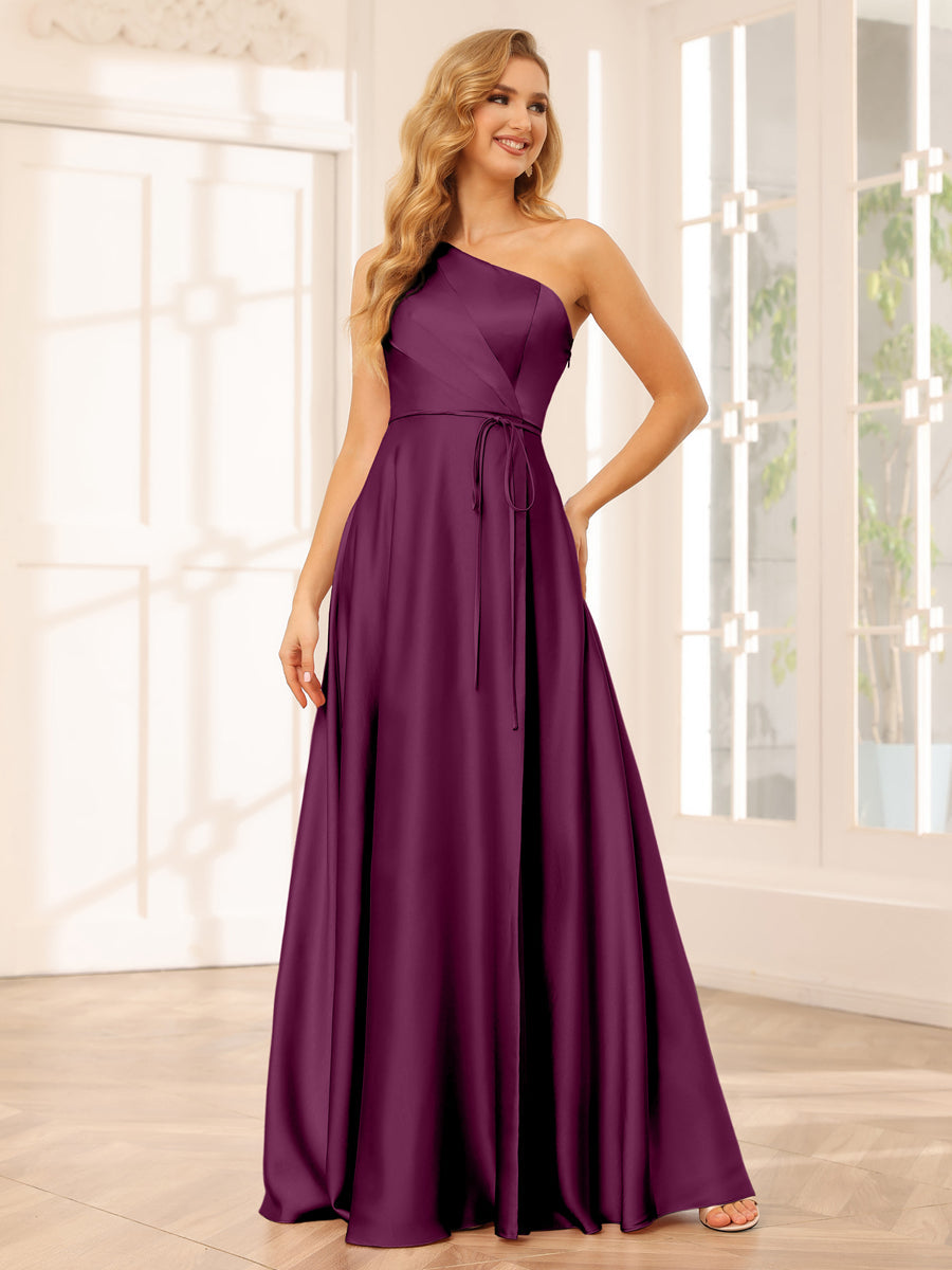 A-Line/Princess One-Shoulder Long Bridesmaid Dresses with Split Side & Sash