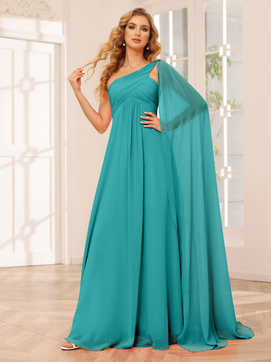 A-Line/Princess One-Shoulder Long Bridesmaid Dresses with Ruched